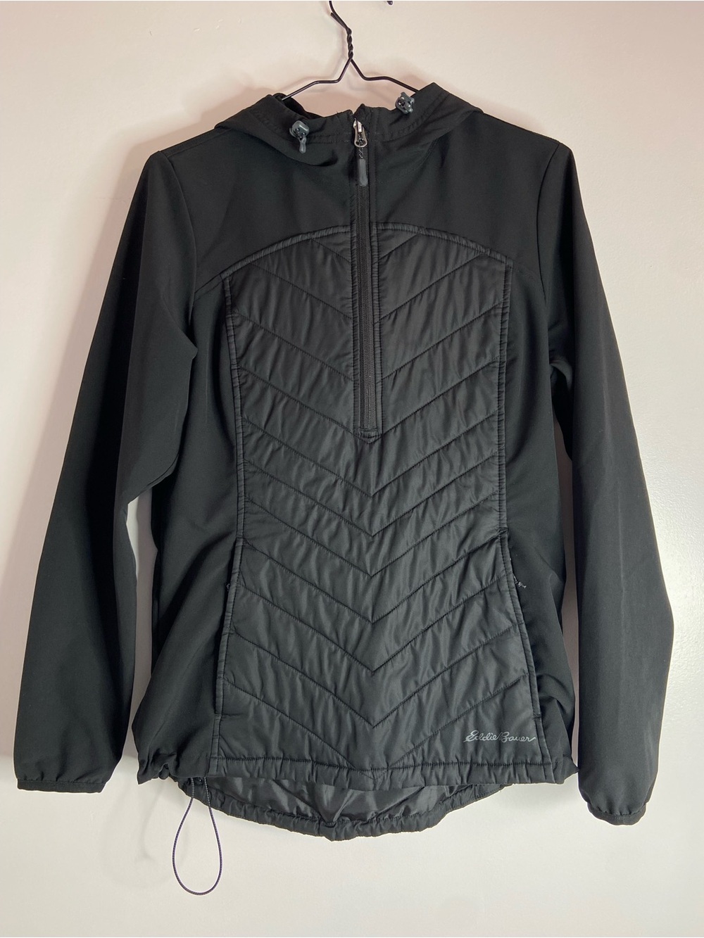 Eddie Bauer Black Quilted Front Hooded Utility Jacket Medium with Zipper Pockets